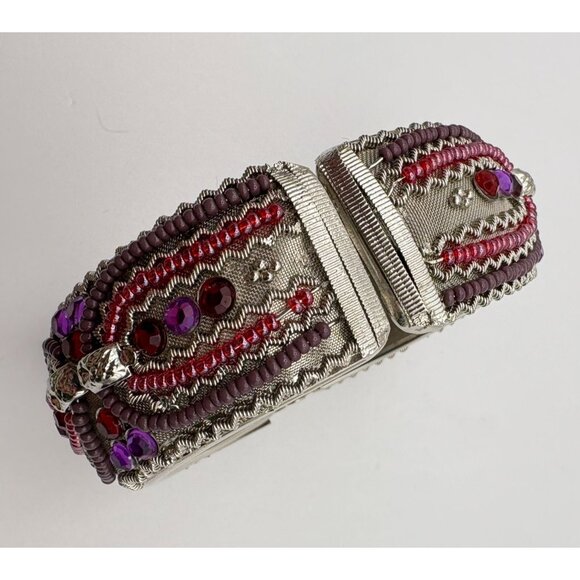 Vintage Hinged Bangle Bracelet Silver Tone With Purple Red Beads Ornate Design - Picture 7 of 8